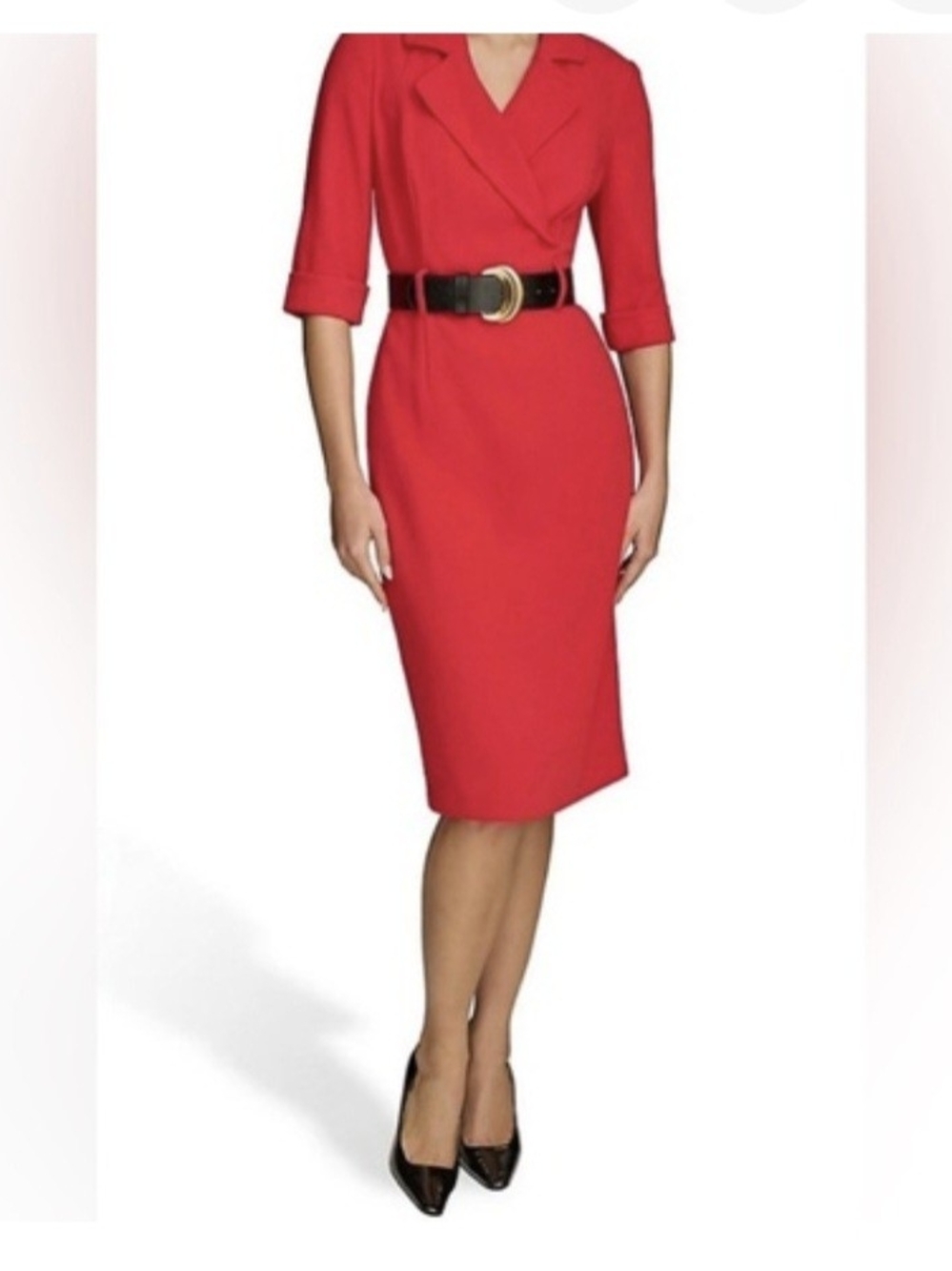 Donna Karan New York Vibrant Red Midi Black Belt Sheath Dress Size 8
